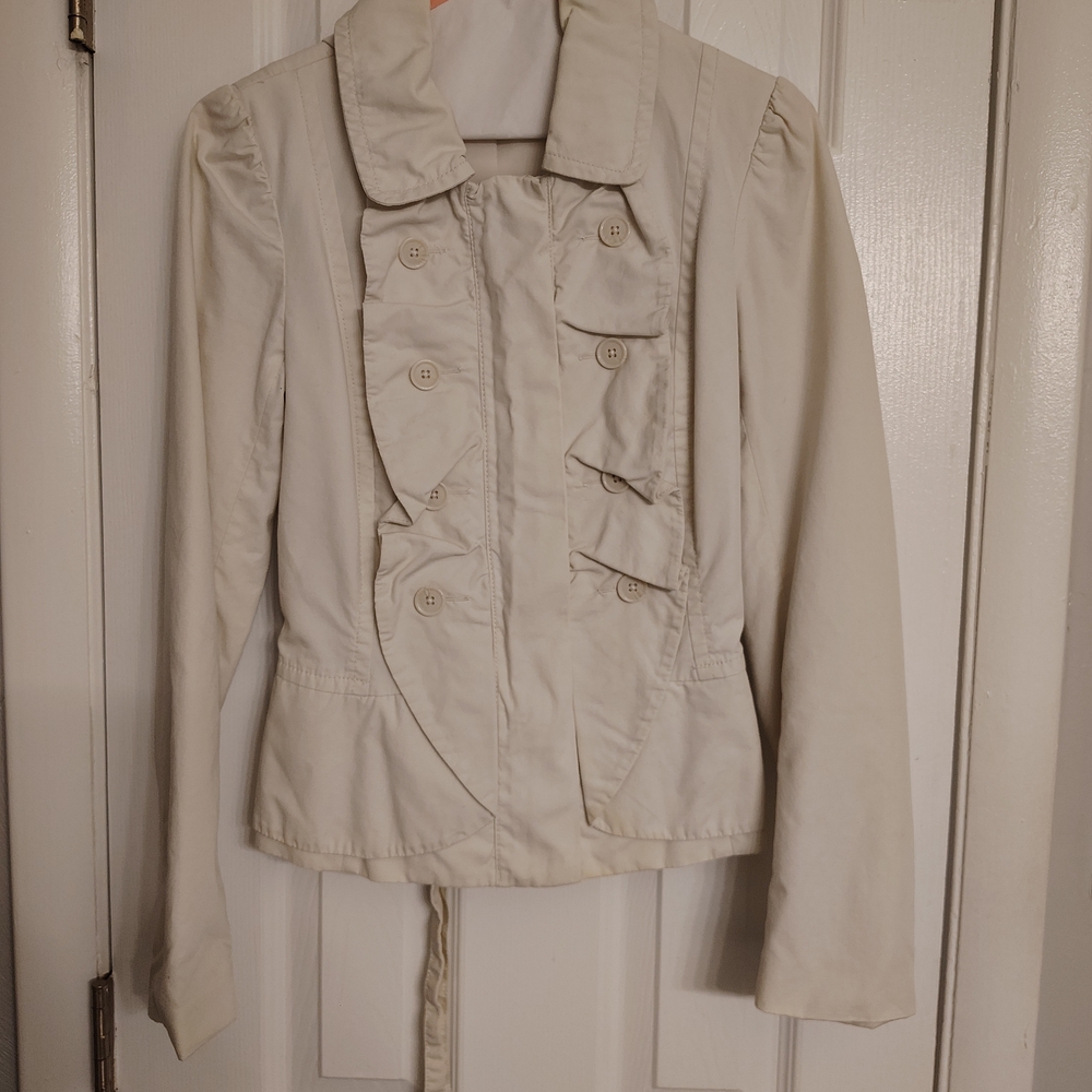 LOFT Cream Utility Jacket with Button and Ruffle Accents